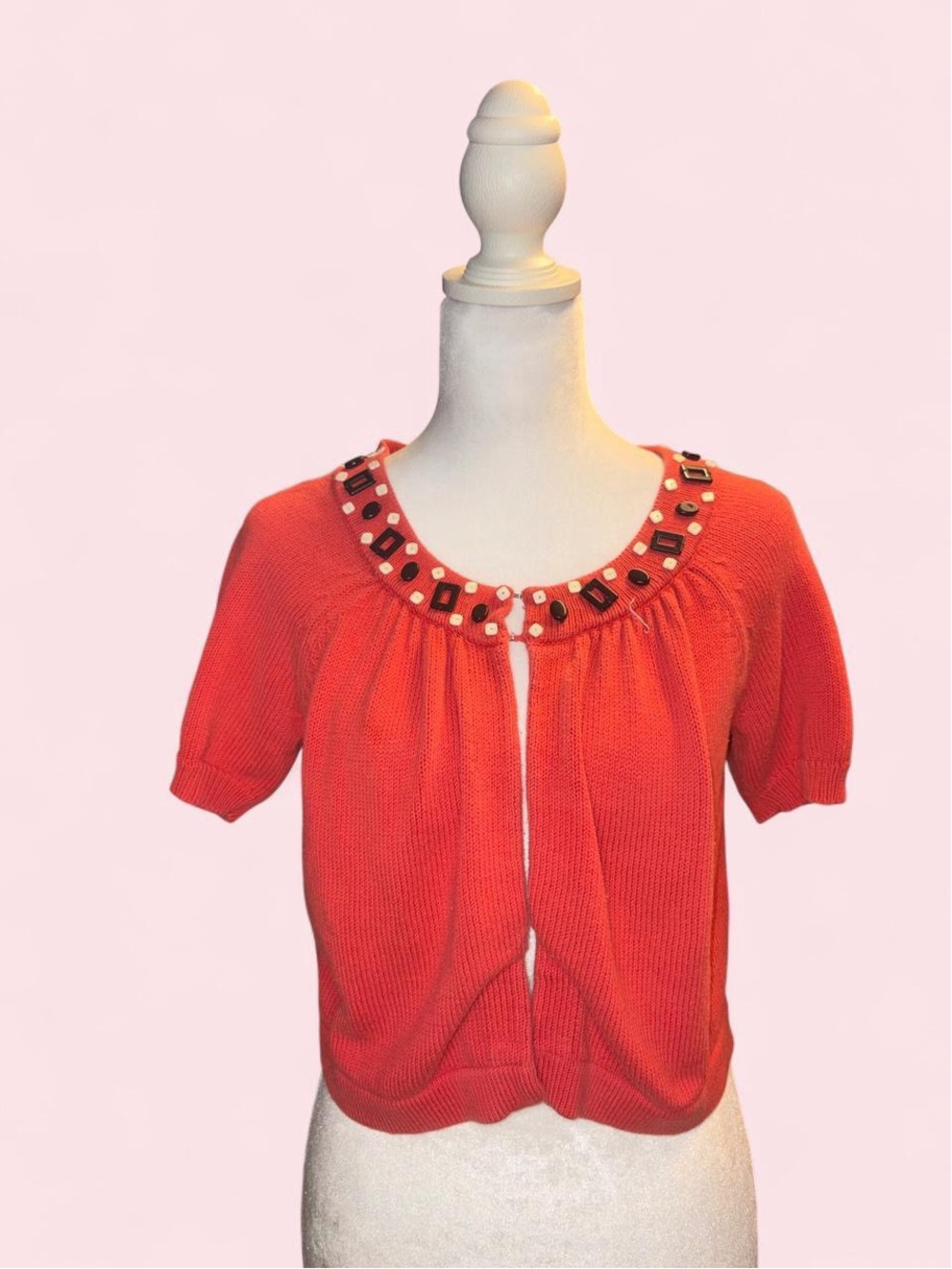 LOFT Coral Beaded Neck Short-Sleeve Cardigan